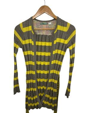 Anthropologie Sweater Yellow Maple Striped Pleated Belt Pocket Taupe XS Cardigan